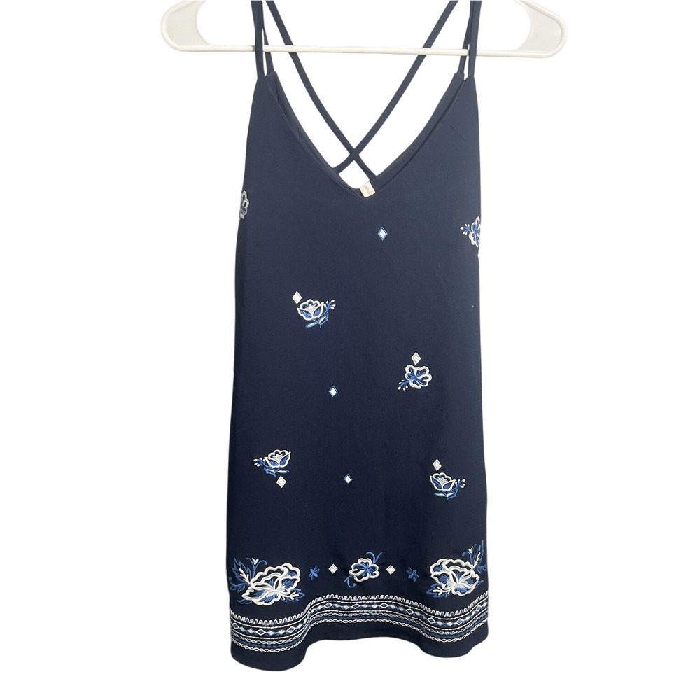Xhilaration Women's XS Navy Blue Floral Embroidered Criss Cross Back Cami Dress